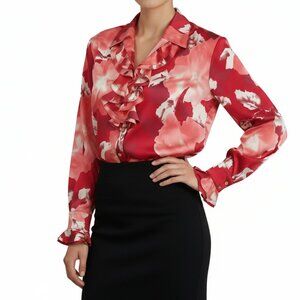 St. John Collection by Marie Gray Silk Ruffle Blouse Floral Long Sleeve 10 NEW